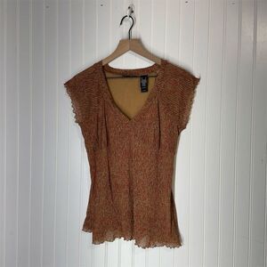 Axcess Liz Claiborne XL Micropleated Crinkle Mesh Top Brown Red Y2K Cottagecore